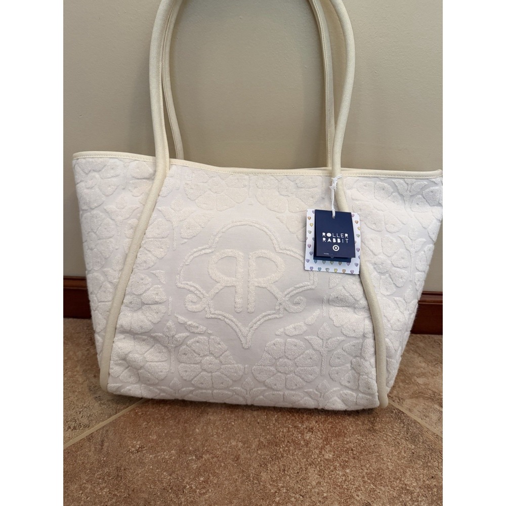 Roller Rabbit x Target Daisy Floral Large Terry Beach Tote Bag Cream Embossed - Picture 2 of 11